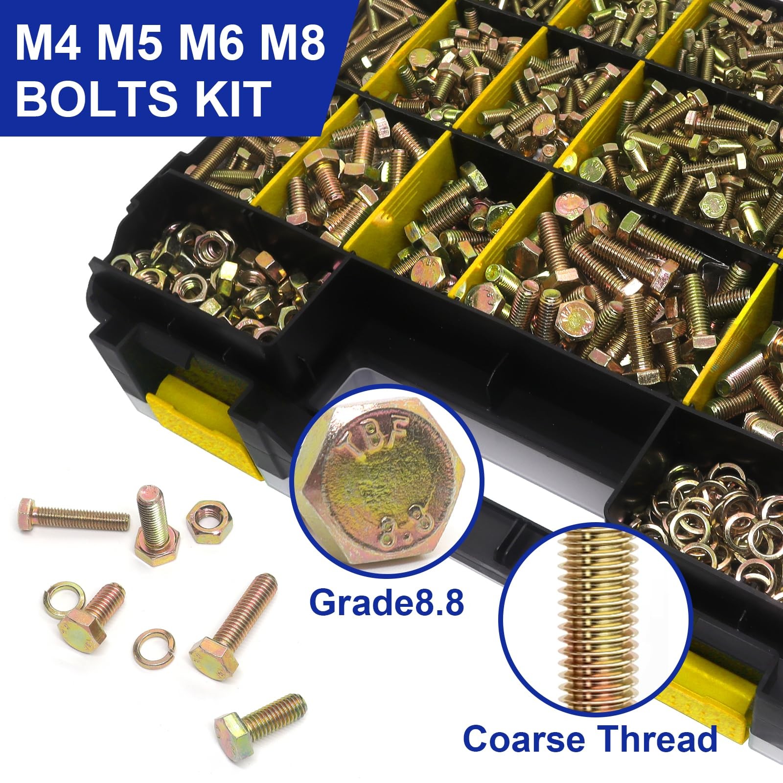 919 Pcs Grade 8.8 Metric Bolt Assortment, M4 M5 M6 M8 M4, M5, M6, M8, Yellow