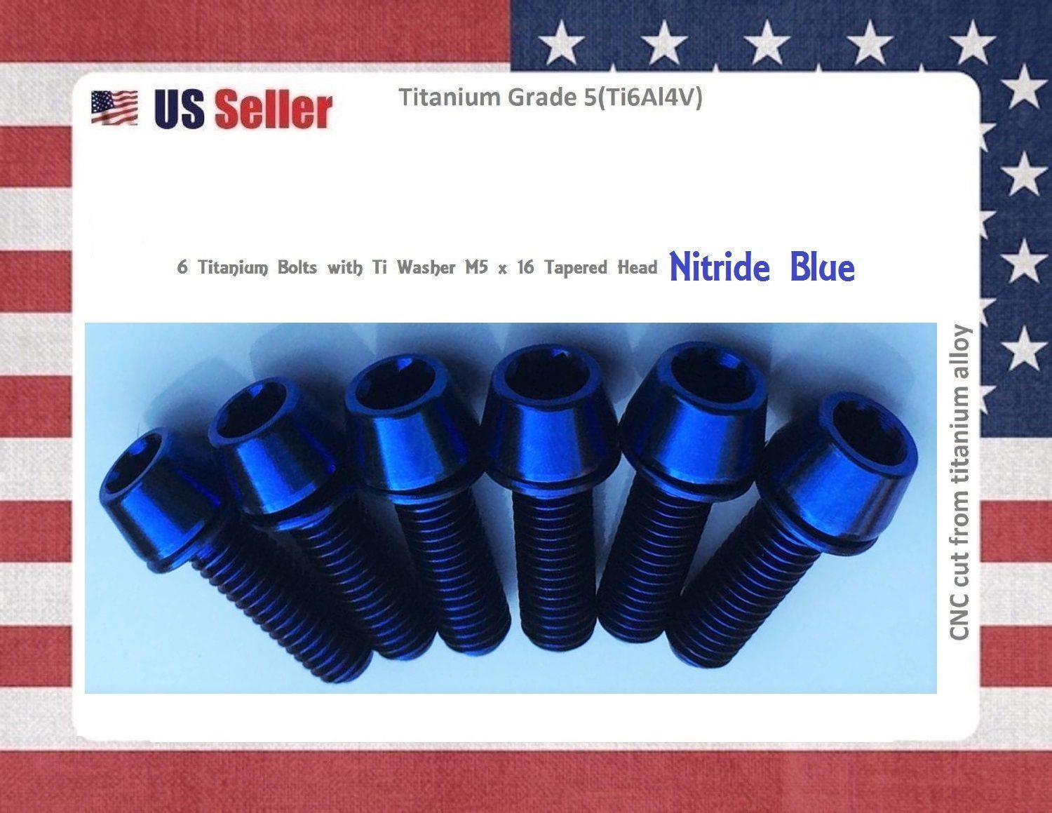 M5 x 16mm Titanium Bolt PURE GR5 Taper Head / Ti Bolt 6 pcs – BLUE for stems