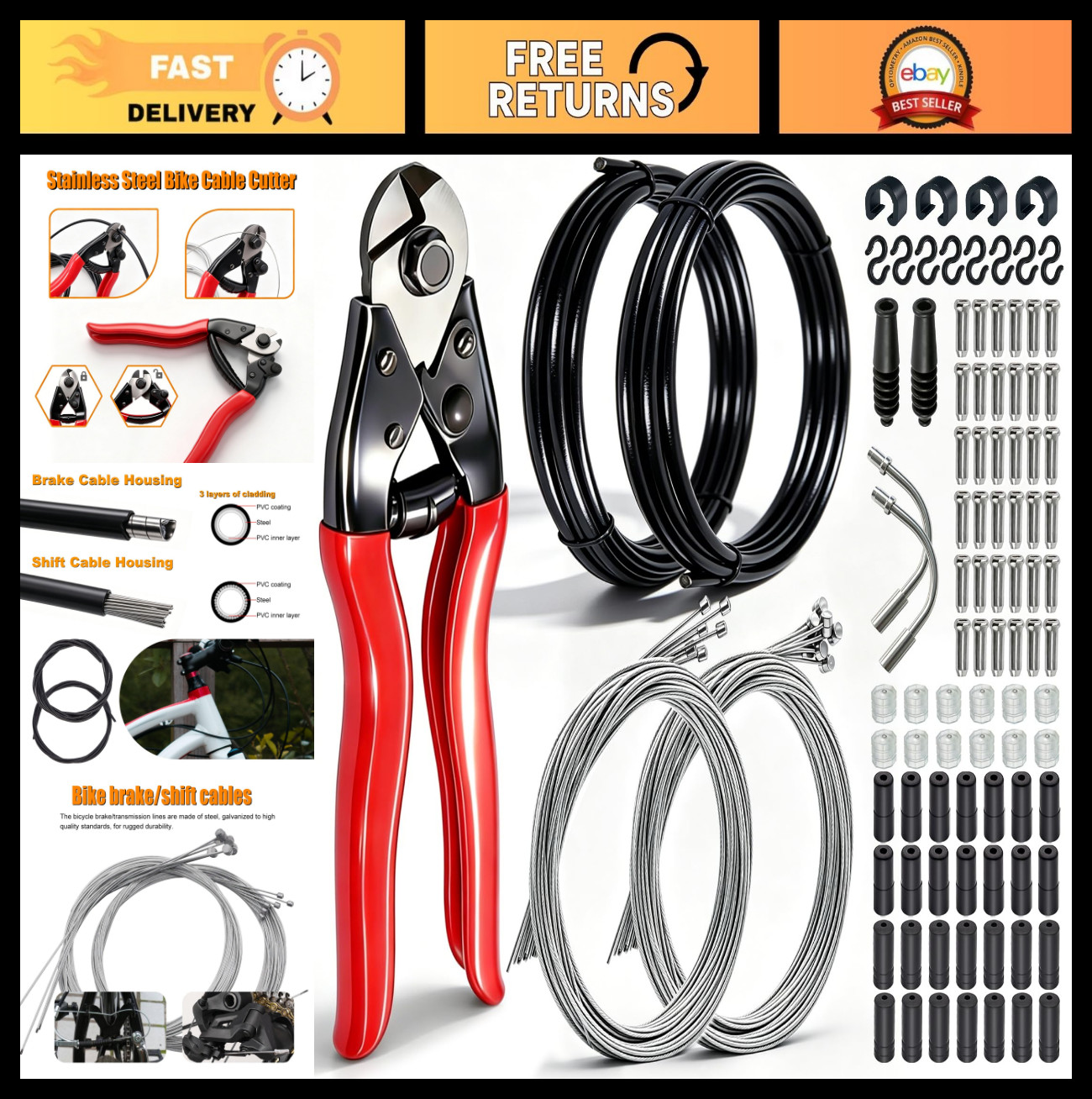 107PCS Universal Bike Cable Kit – Stainless Steel Wire Cutter, Brake & Shift Cab