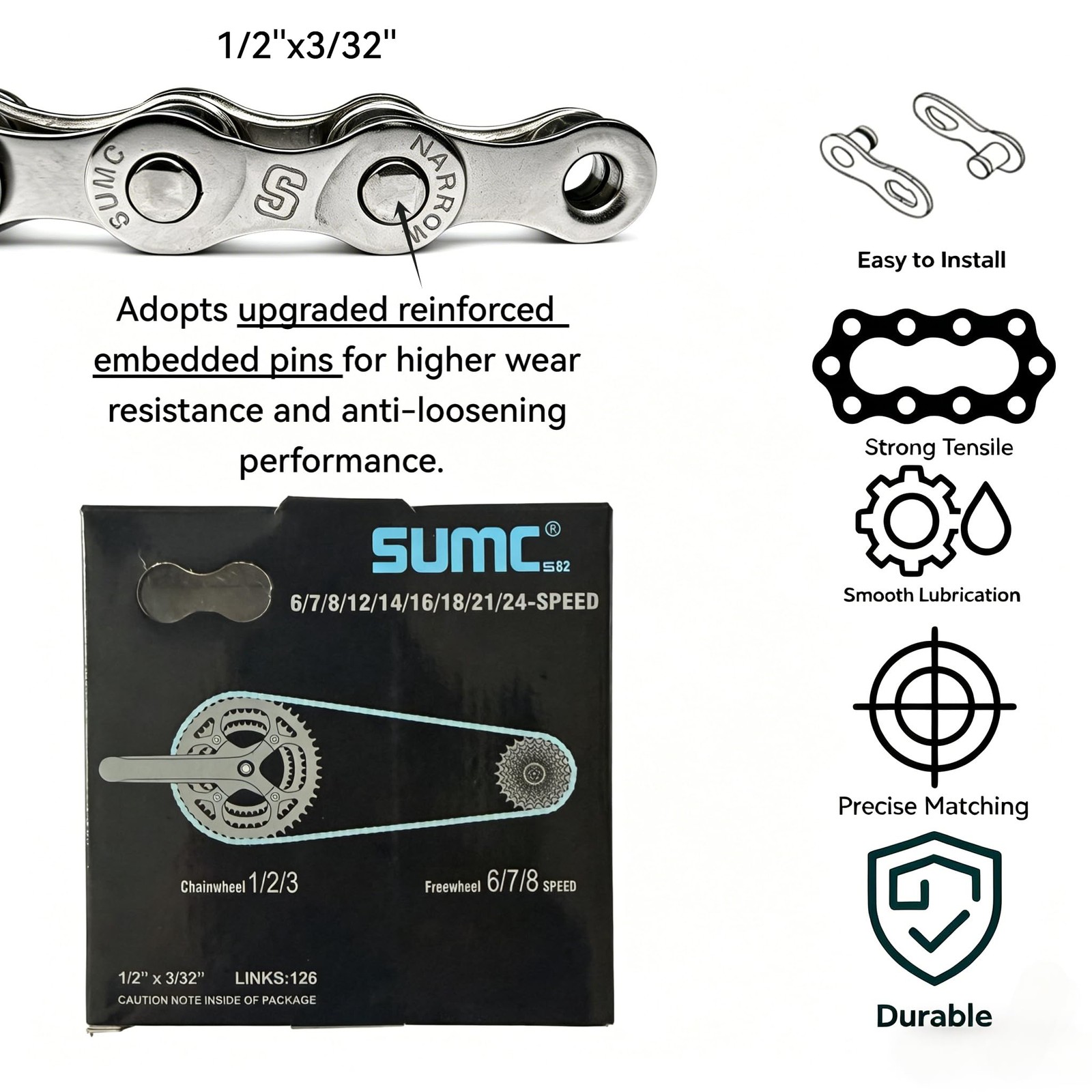 HeavyDuty Bike Chain 6/7/8 Speed 126 Links RustResistant for Bike Repair