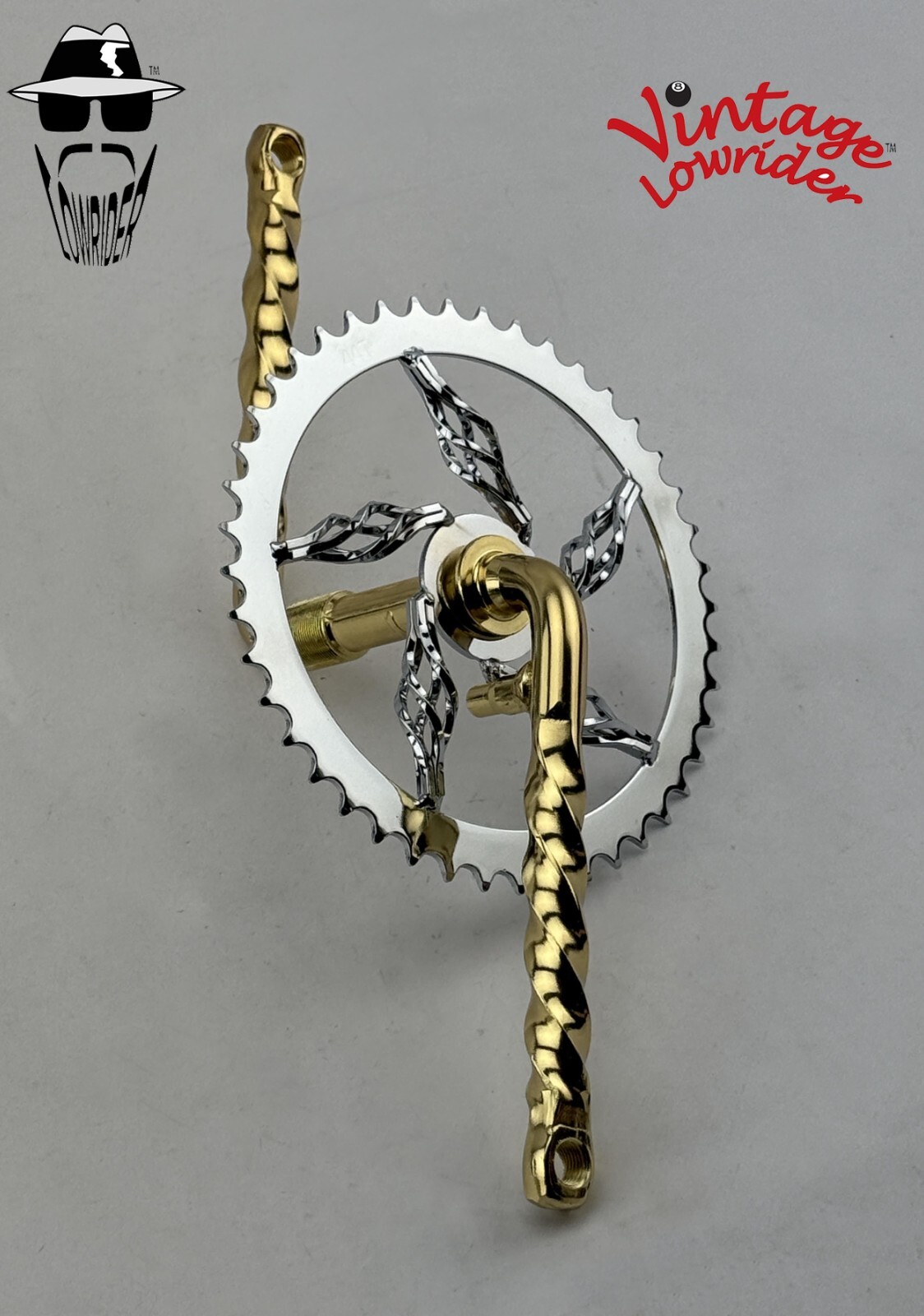 Vtg LOWRIDER 6 CAGE SPROCKET 44T & 6 1/2 TWISTED CRANK CRUISER BICYCLES CH/GOLD.