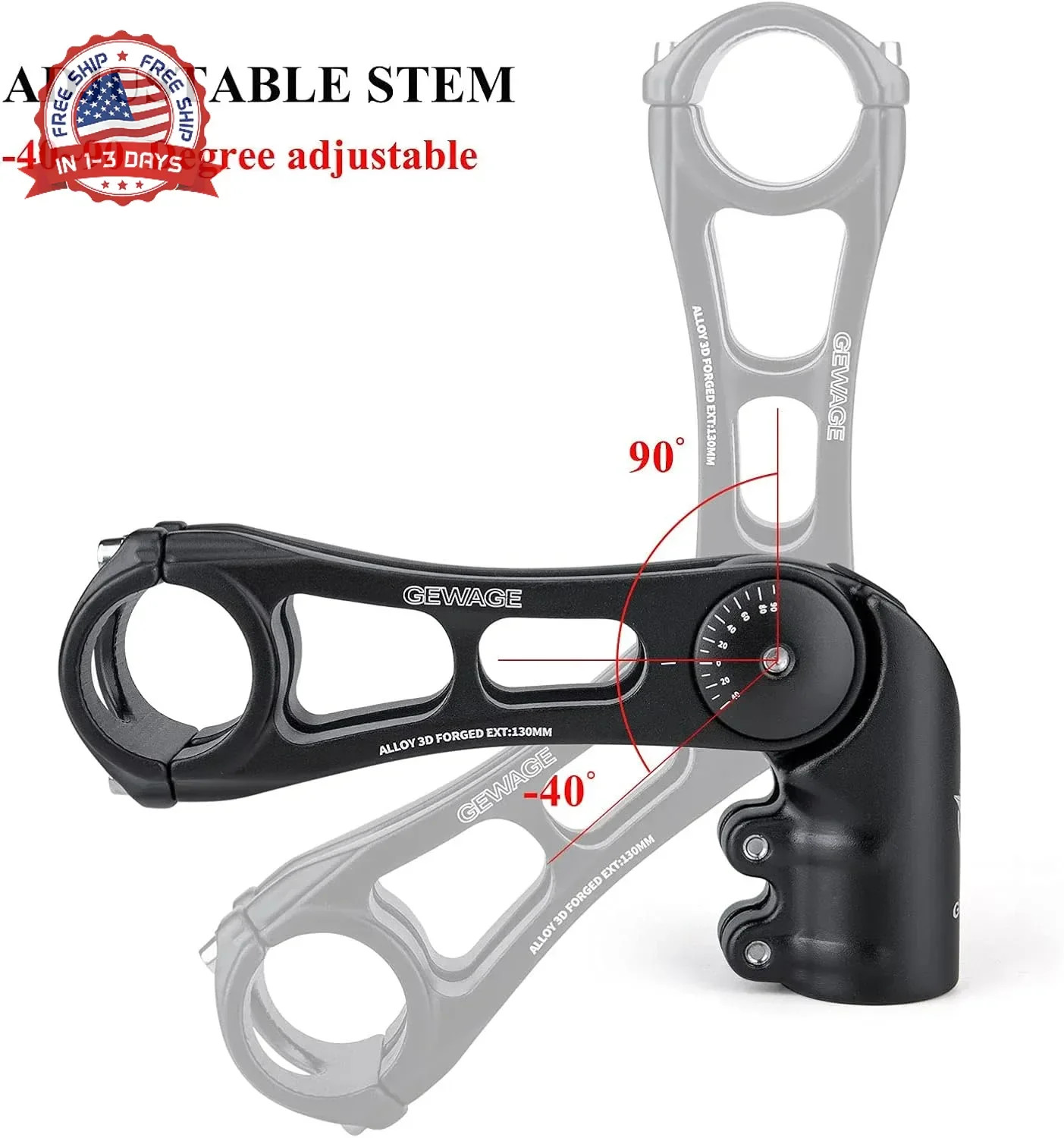 GEWAGE Bike Stem – 130 Degree Adjustable Bicycle Stem- 75mm 90mm 130mm Handlebar
