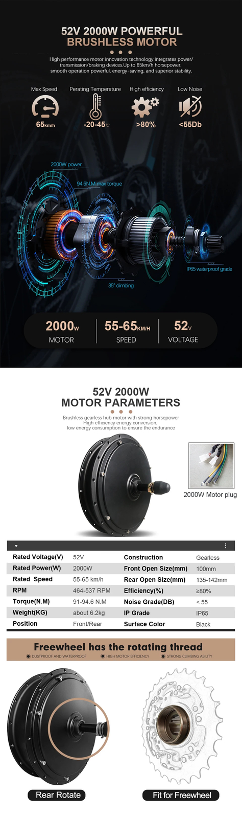52V 2000W MTB Electric Bike 20-29inch 700C Brushless Rear Rotate Hub Motor Wheel