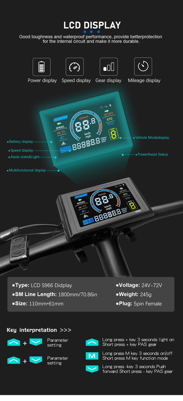 E-bike Sine Wave Waterproof Controller 17A 26A 30A for 250W-1000W Hub Motor