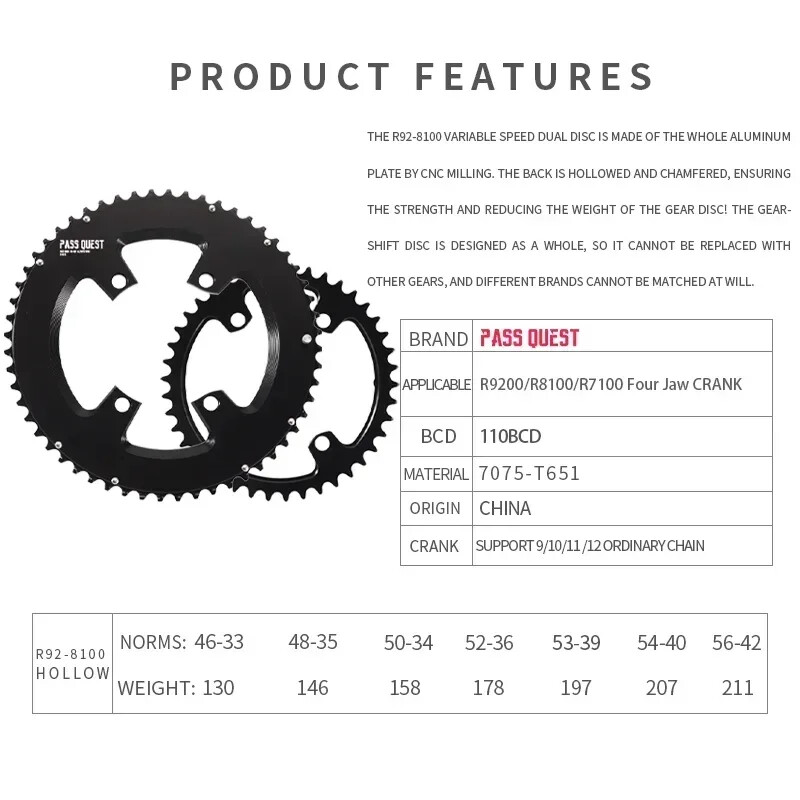 110 BCD Road Bike Double Chainring 4 Bolts 33-56T Chainwheel for 11/12 Speed