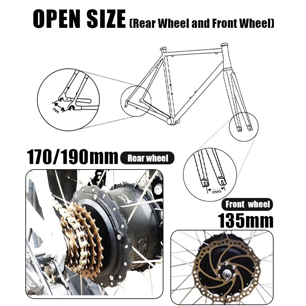 48V 1000W 20/24/26» Snow Fat Electric Bicycle Rear Hub Motor Droupout 170/190mm