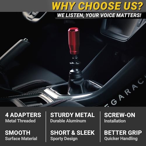 Premium Racing Shift Knob – 4 Metal Threaded Adapters, 4 5 6 Red Short Cylinder