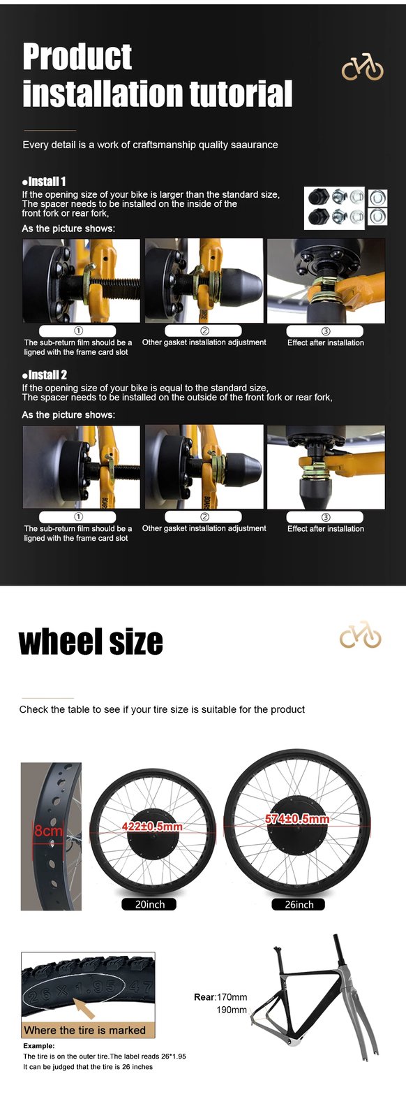 48V1000W Electric Bike Conversion Kit Rear Cassette 20 24 26» 4.0Tire 170 190mm