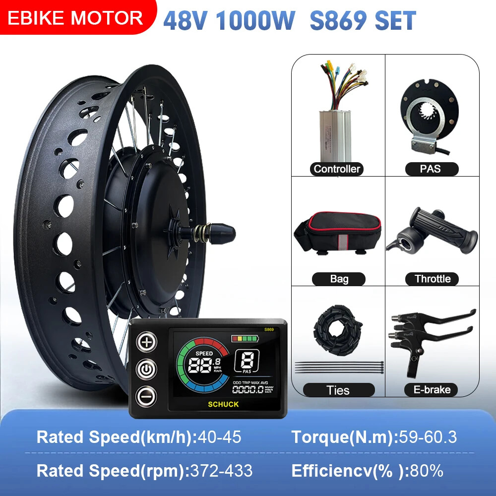 48V 1000W Snow Electric Bike Fat Brushless Front Hub Motor Wheel 20/24/26Inch