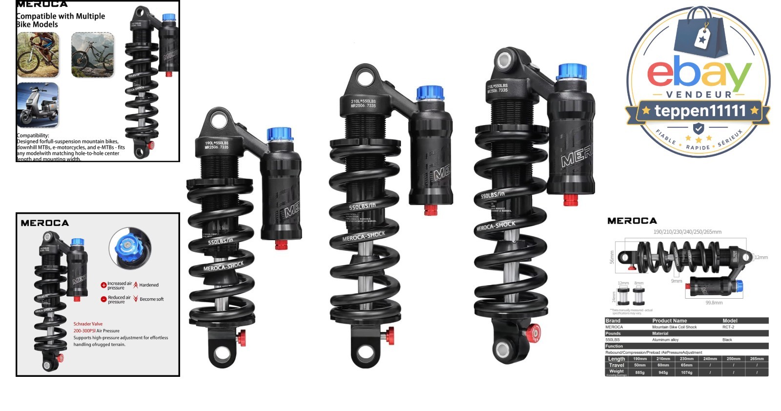 Adjustable Air Spring Coil Over Shock Absorber 190-265mm 550LBS