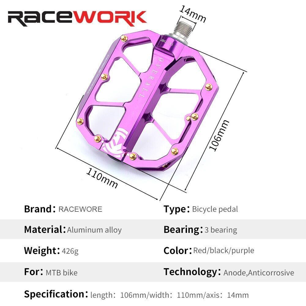 Racework Widen Bicycle Pedals Aluminium 3 Bearings MTB Road Bike 9/16″Pedals