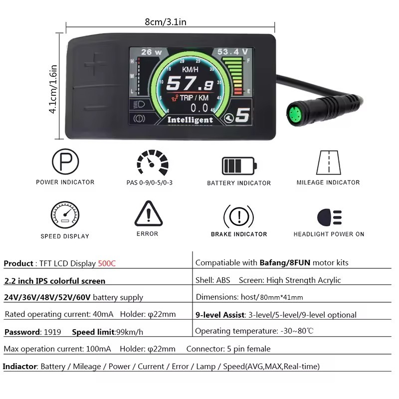 UART BAFANG Display 500C for BBS01B BBS02B BBSHD Mid Motor