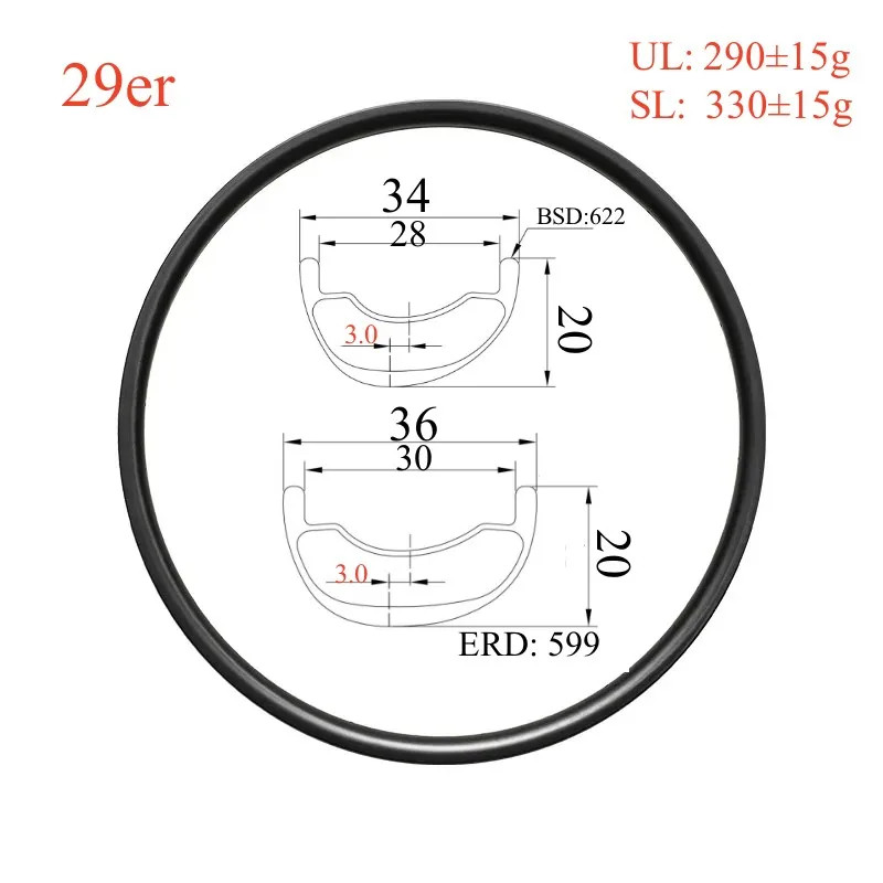 MTB Bicycle Asymmetric Carbon Rim 29er 20mm Depth Tubeless Matt/Glossy Ring