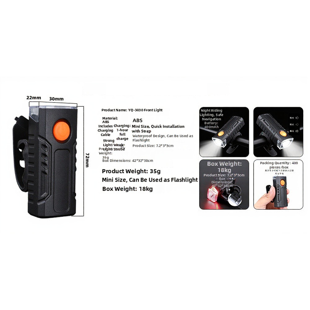 Bicycle Front Light 1200 Lumen Bright LED for Night Riding 7.2x3x3cm Plastic