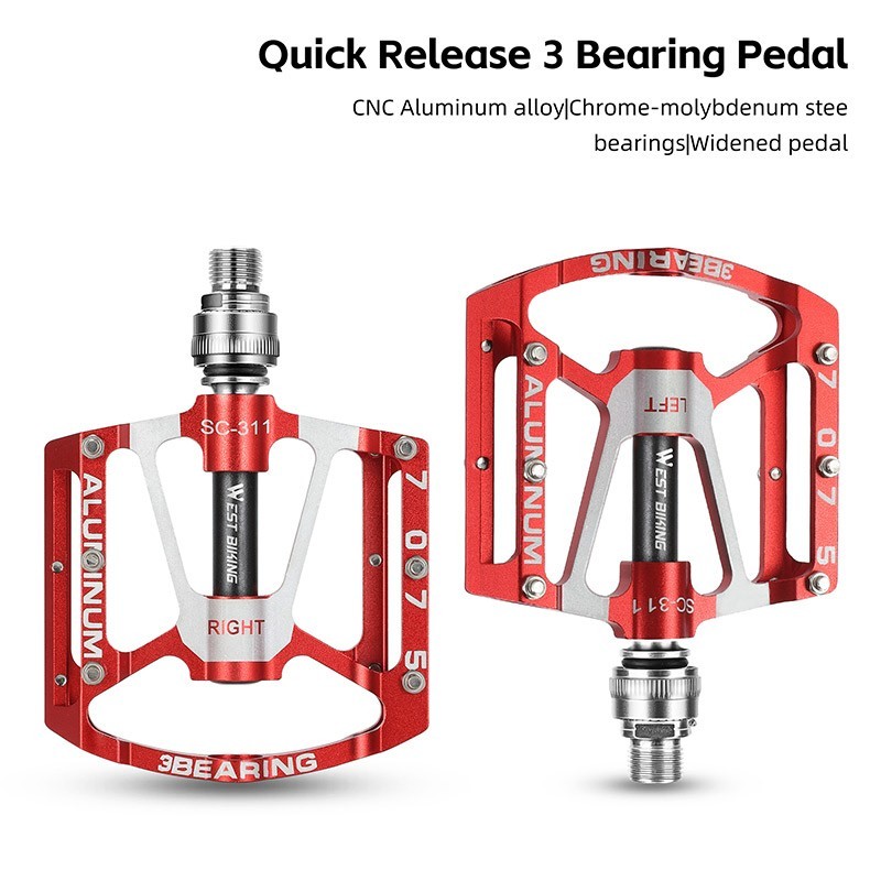 WEST BIKING Quick Release Bicycle Pedals 3 Sealed Bearing Aluminum Pedals Red