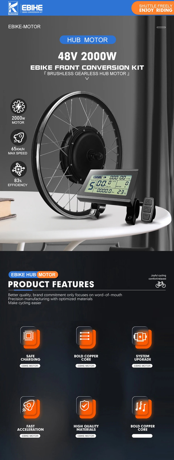 48V 2000W MTB Electric Bicycle Conversion Kit Front Hub Motor Wheel 20-29in 700c