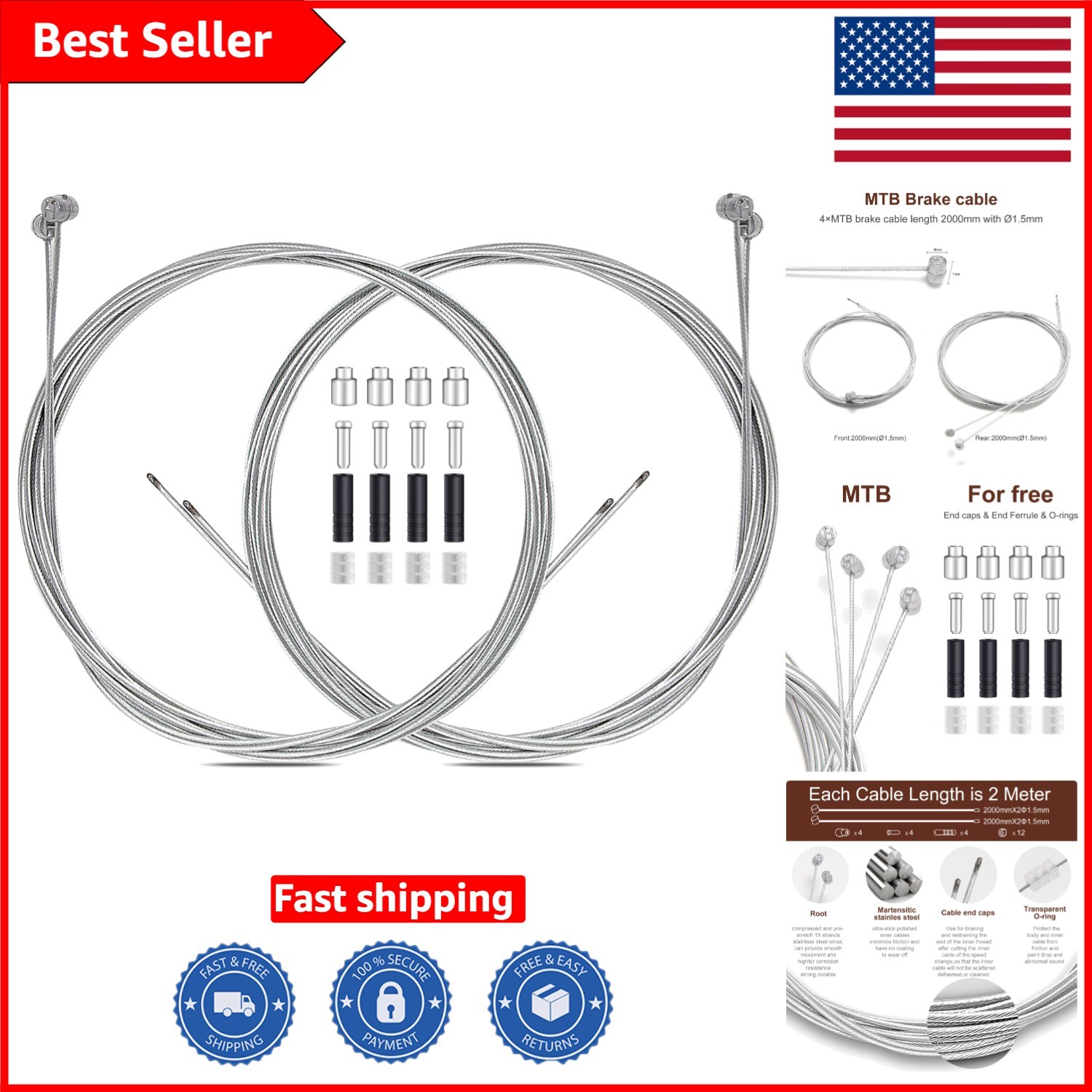 Professional 2M Brake Cable Set – 4PCS for Smooth Operation and Enhanced Safety
