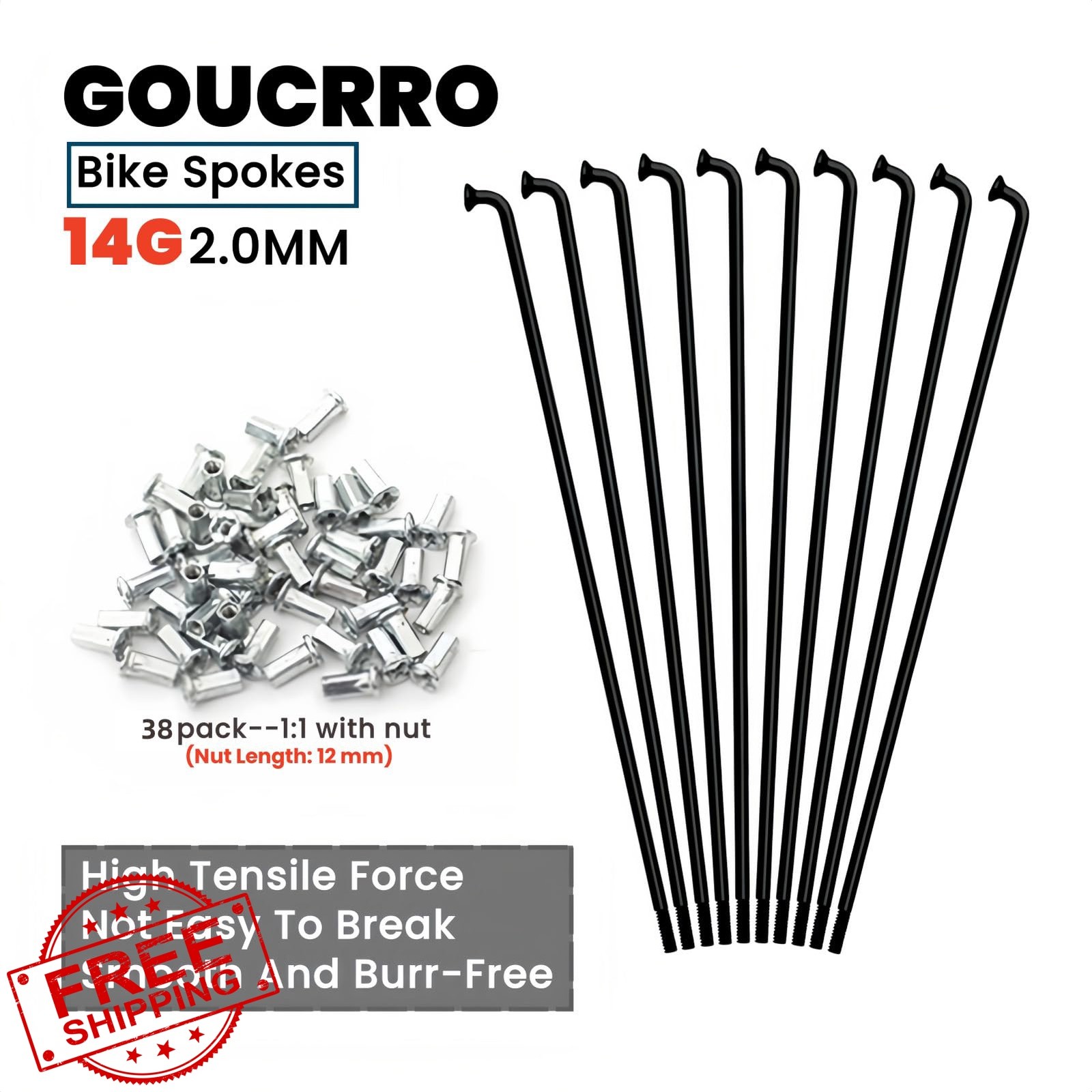 goucrro Bike Spokes 14G-185mm Black