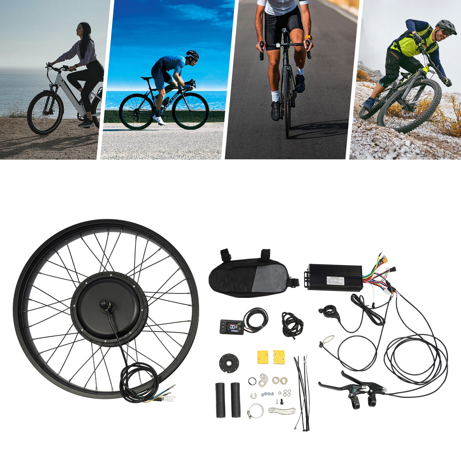 26″ 1500W 48V Front Wheel E-Bike Conversion Kit with LCD Display Thumb Throttle