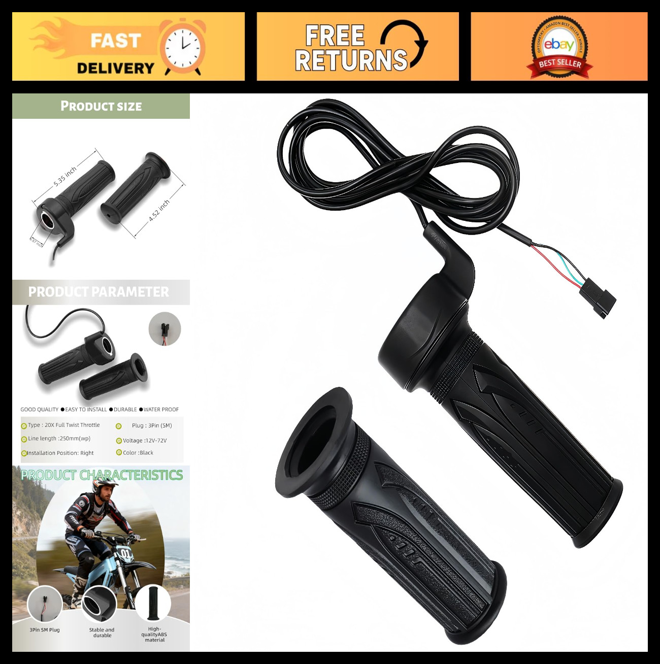 Universal 20X Full Twist Throttle Grip for Ebike 12V-72V, Waterproof Connector,