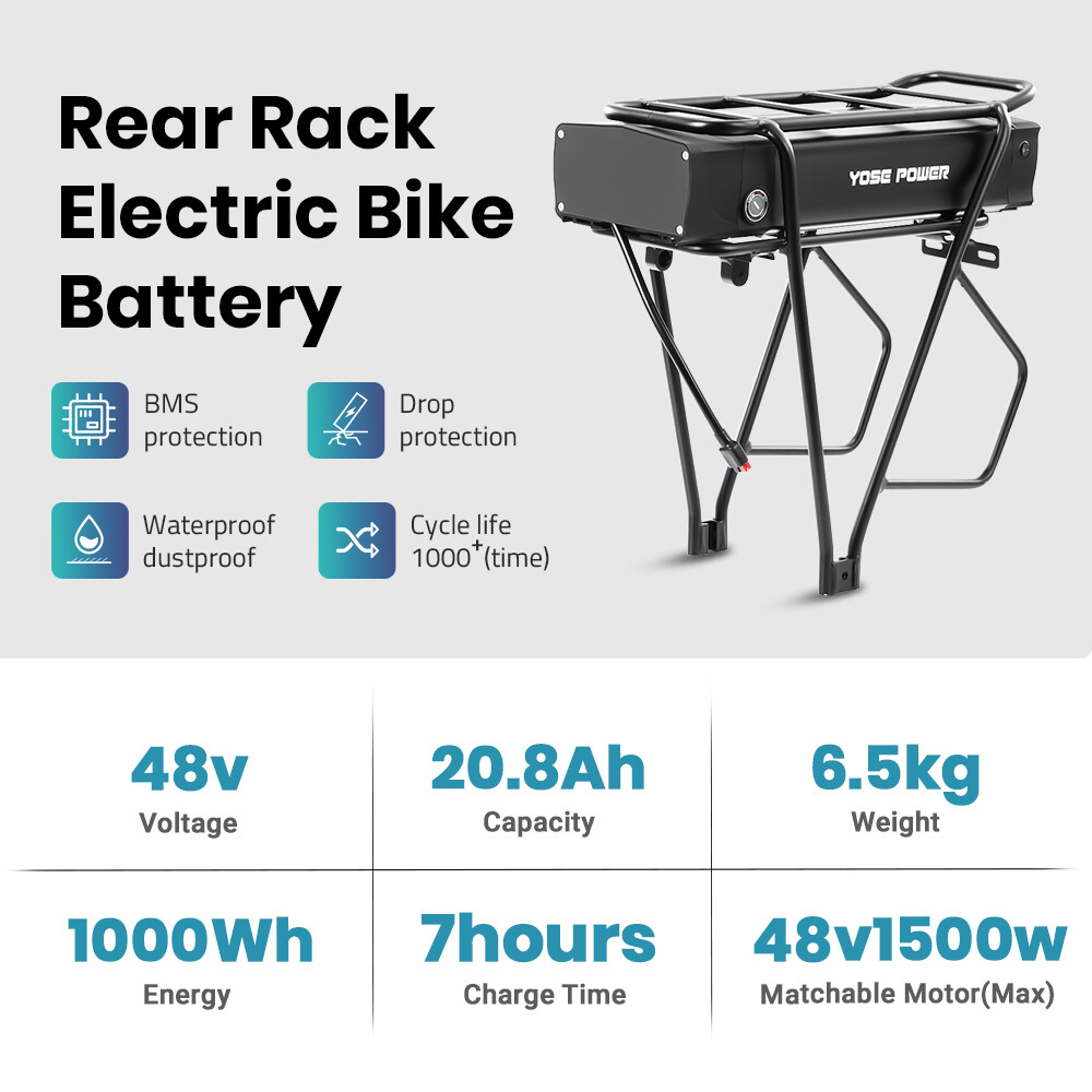 Rear Rack Ebike Battery 48V 20.8Ah with Black Carrier for 0-1500W Electric Bike