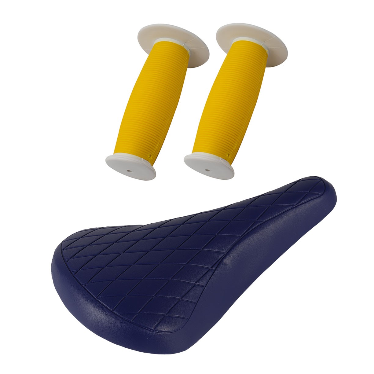 PRO+ Blue Diamond Saddle & Yellow/White Mushroom Grips BMX BIKE