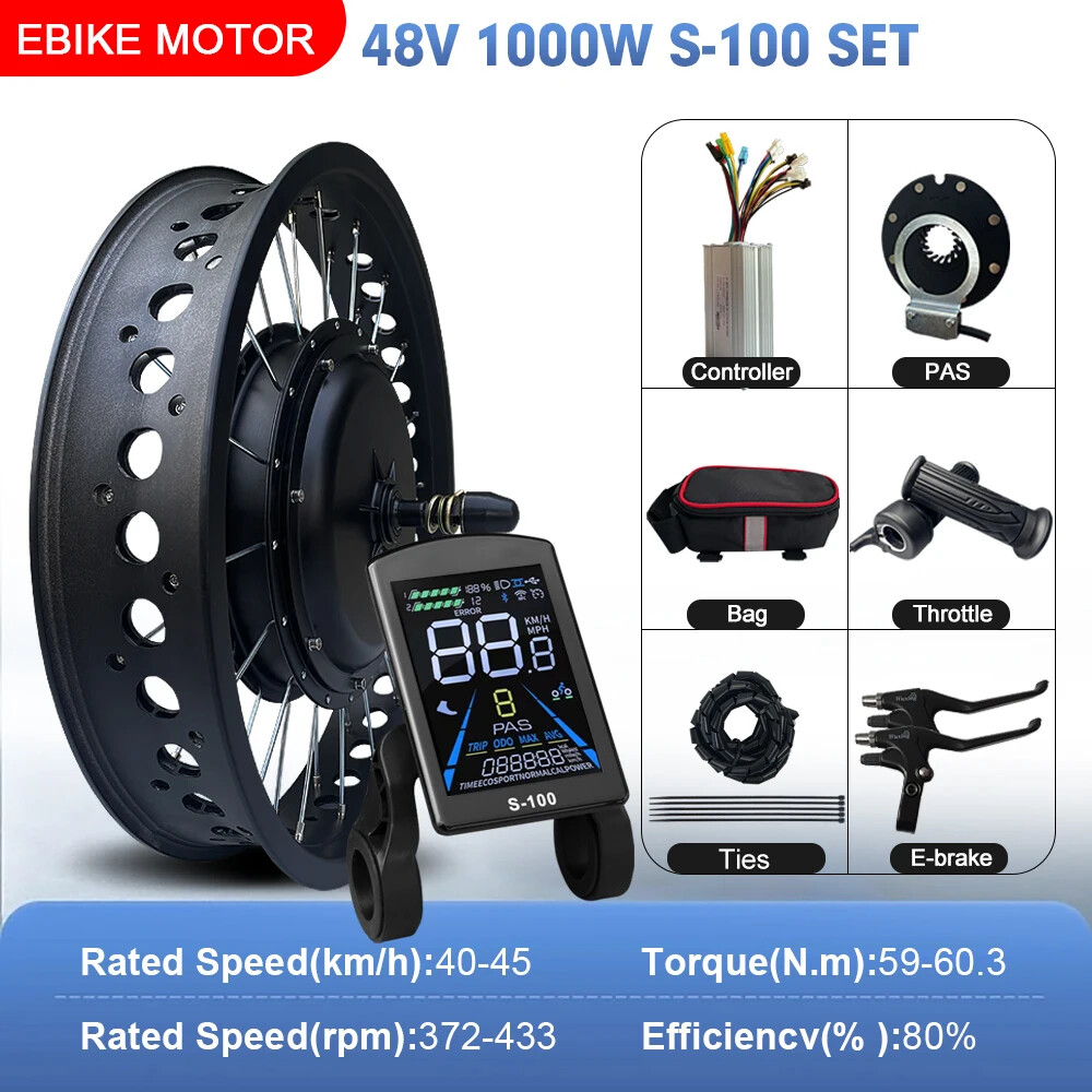 48V 1000W Snow Electric Bike Fat Brushless Front Hub Motor Wheel 20/24/26Inch