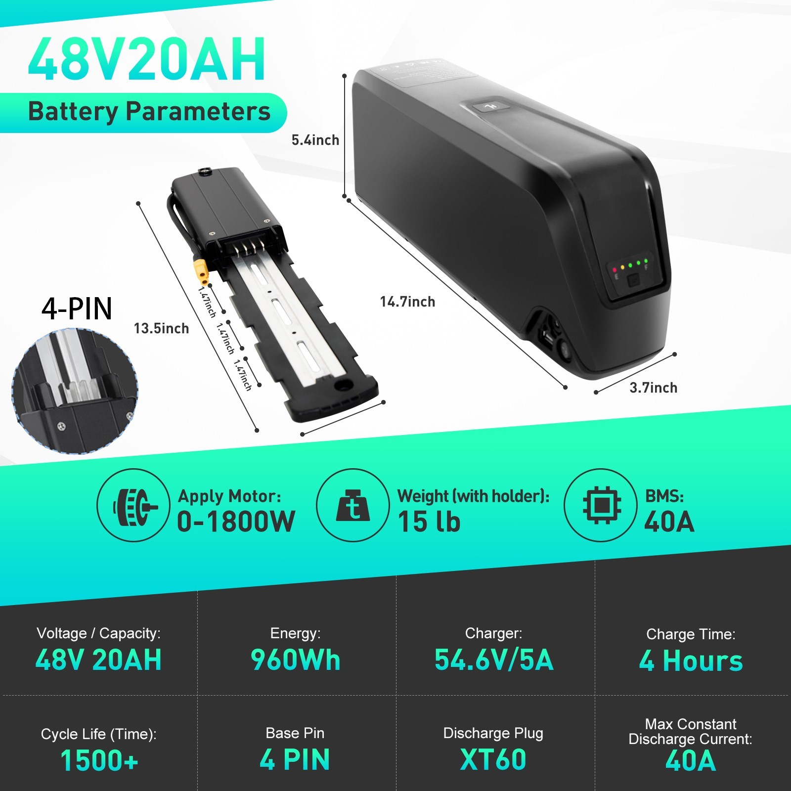 52V 48V 36V 20Ah Ebike Battery 20W-2000W Electric BIKE Black Lithium Battery