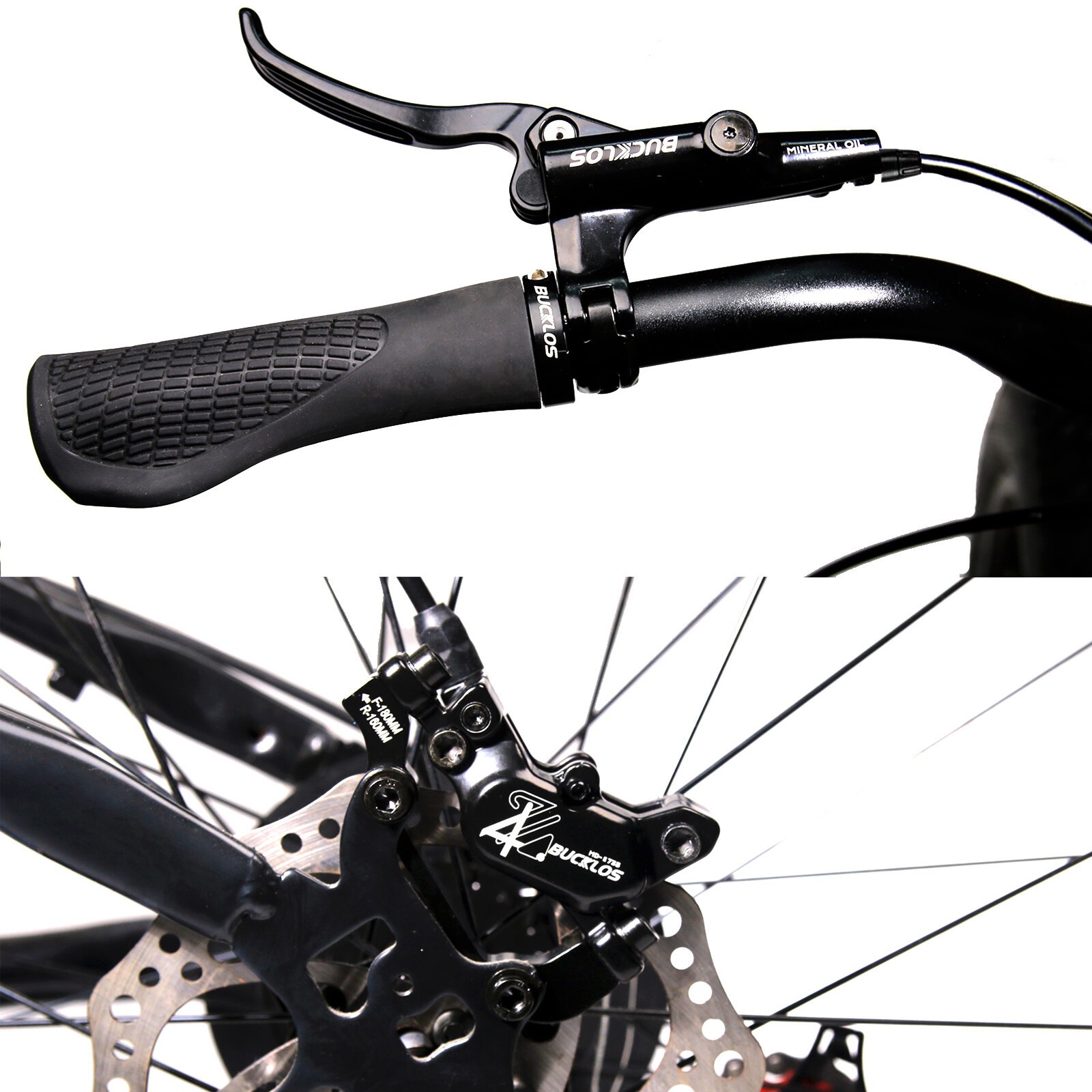 BUCKLOS E-Bike Hydraulic Brakes Set Front/Rear 4-Pistons Power Off 1150&1950mm