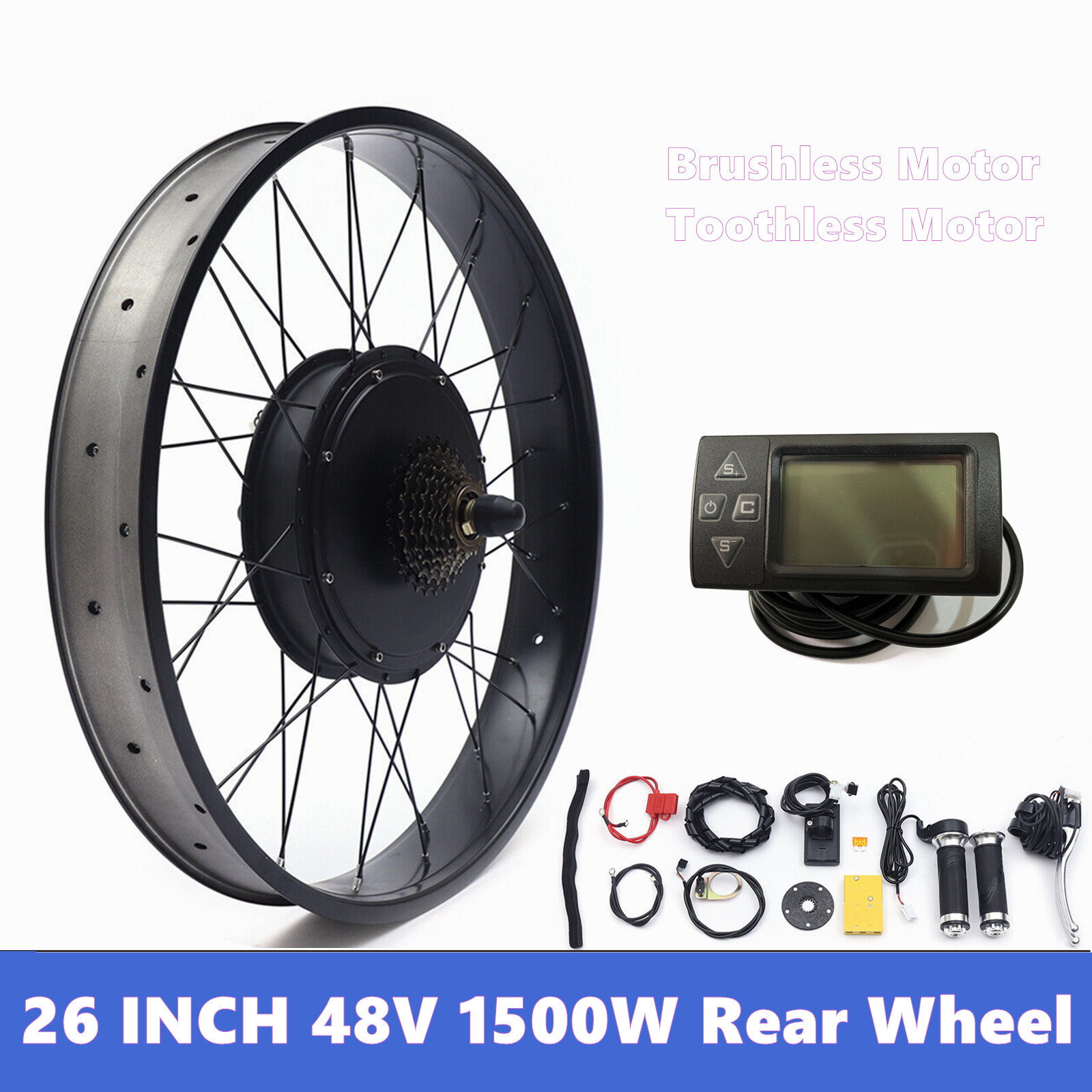 26″ Fat Tire Electric Bicycle Snow Bike Motor Conversion Kit Rear Wheel LCD 48V