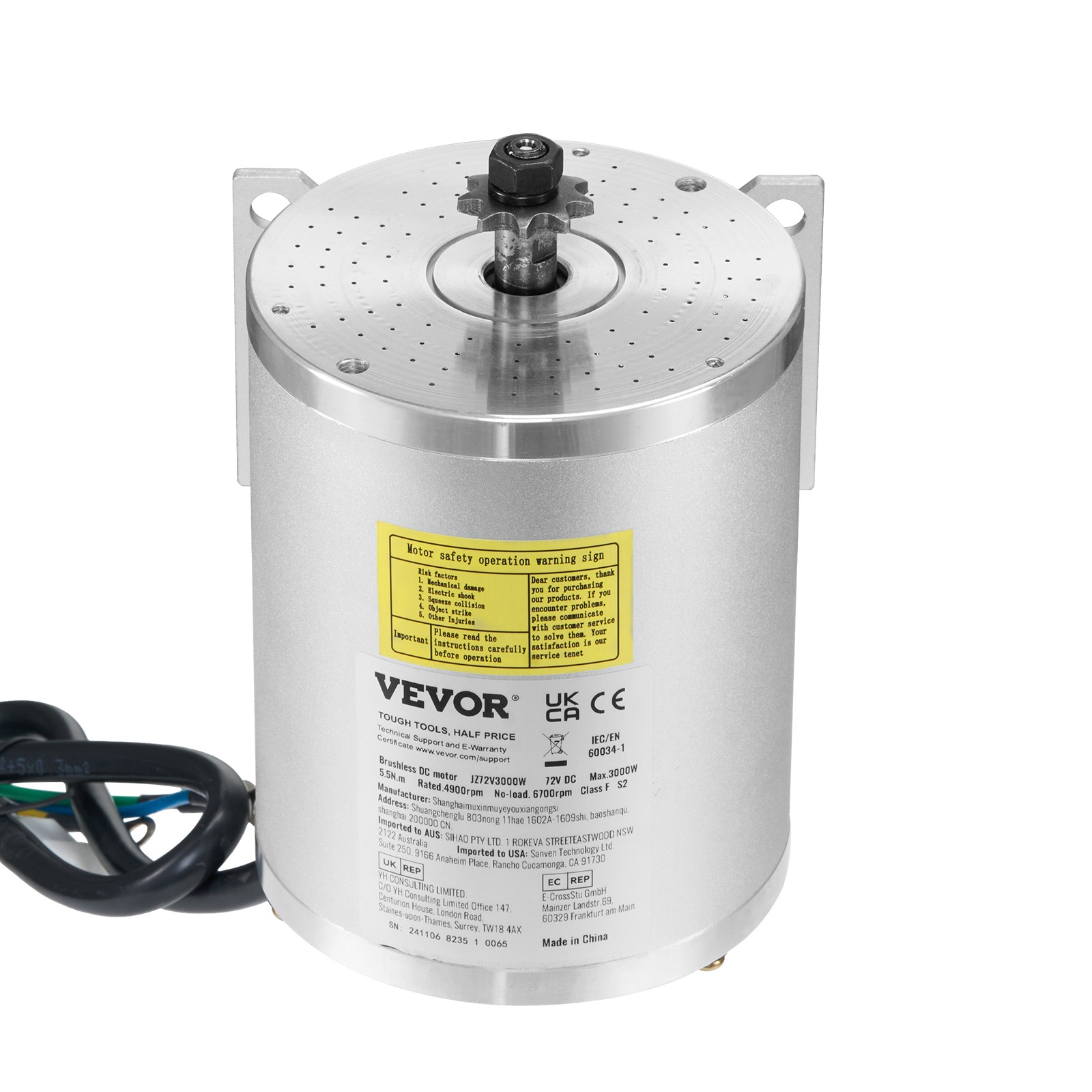 VEVOR 3000W Electric Brushless DC Motor Kit 72V 4900rpm Motor with Controller