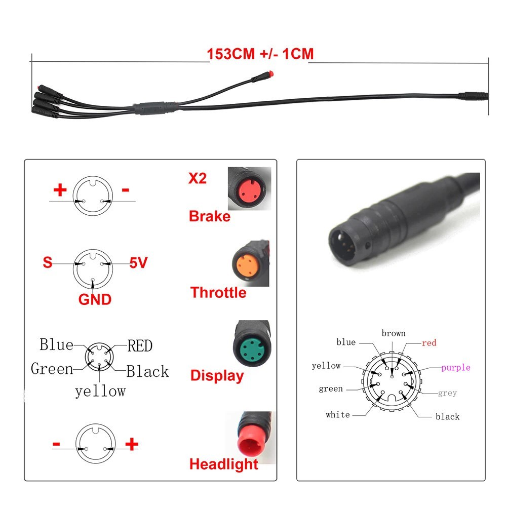 Ebike 2T4 Extension Cable for Throttle Brake Display Waterproof Plug 150cm