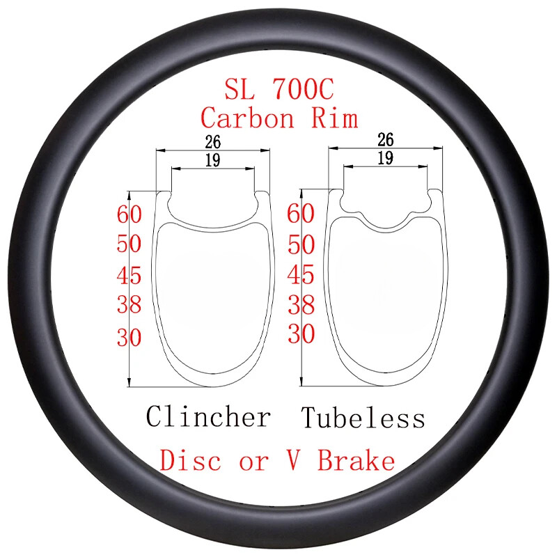 1 Pcs 700C Road Carbon Rim Wide 26mm Deep 30 38 45 50 60mm Disc or V Rim Brake