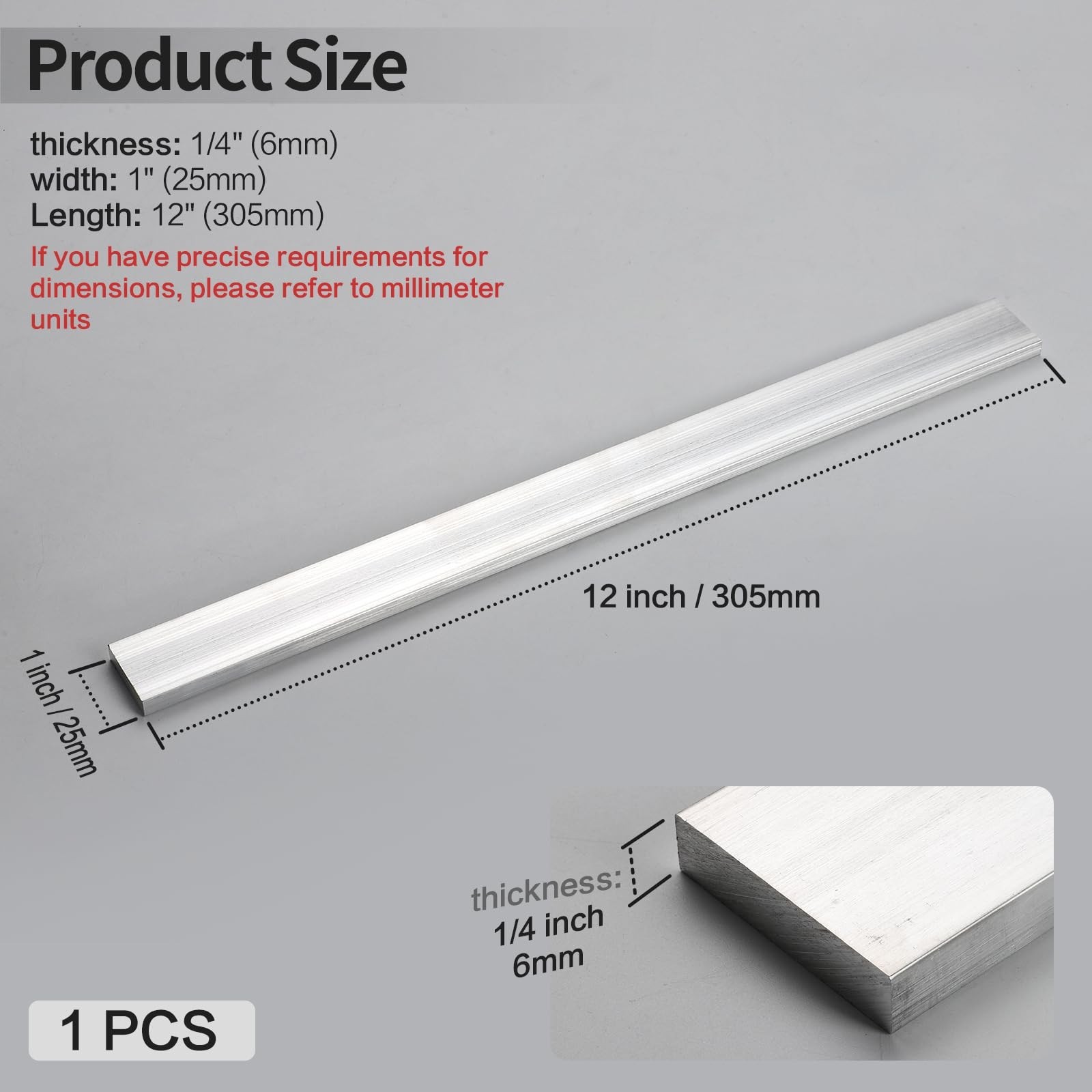 1 Pcs 1/4″ x 1″ 6061 Square Aluminum Flat BAR,12″ Long, 6mm X 25mm X 305mm Al…