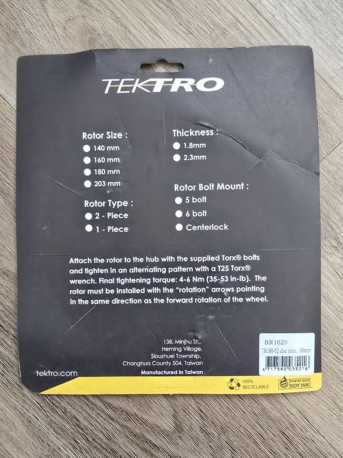 TEKTRO TR180-52 180mm 6-Bolt Disc Brake Rotor 1.8mm w/ Bolts for Bike or E-Bike