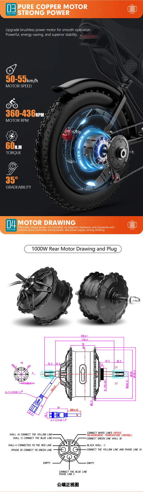 48V 1000W 20 24 26in Snow E-Bike Fat Brushless Gear Rear Rotate Hub Motor Wheel