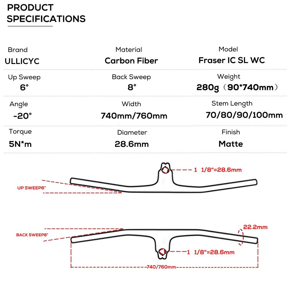 Fraser IC Sl WC 740mm-780mm -20° Carbon Integration Mountain Bike Handlebar