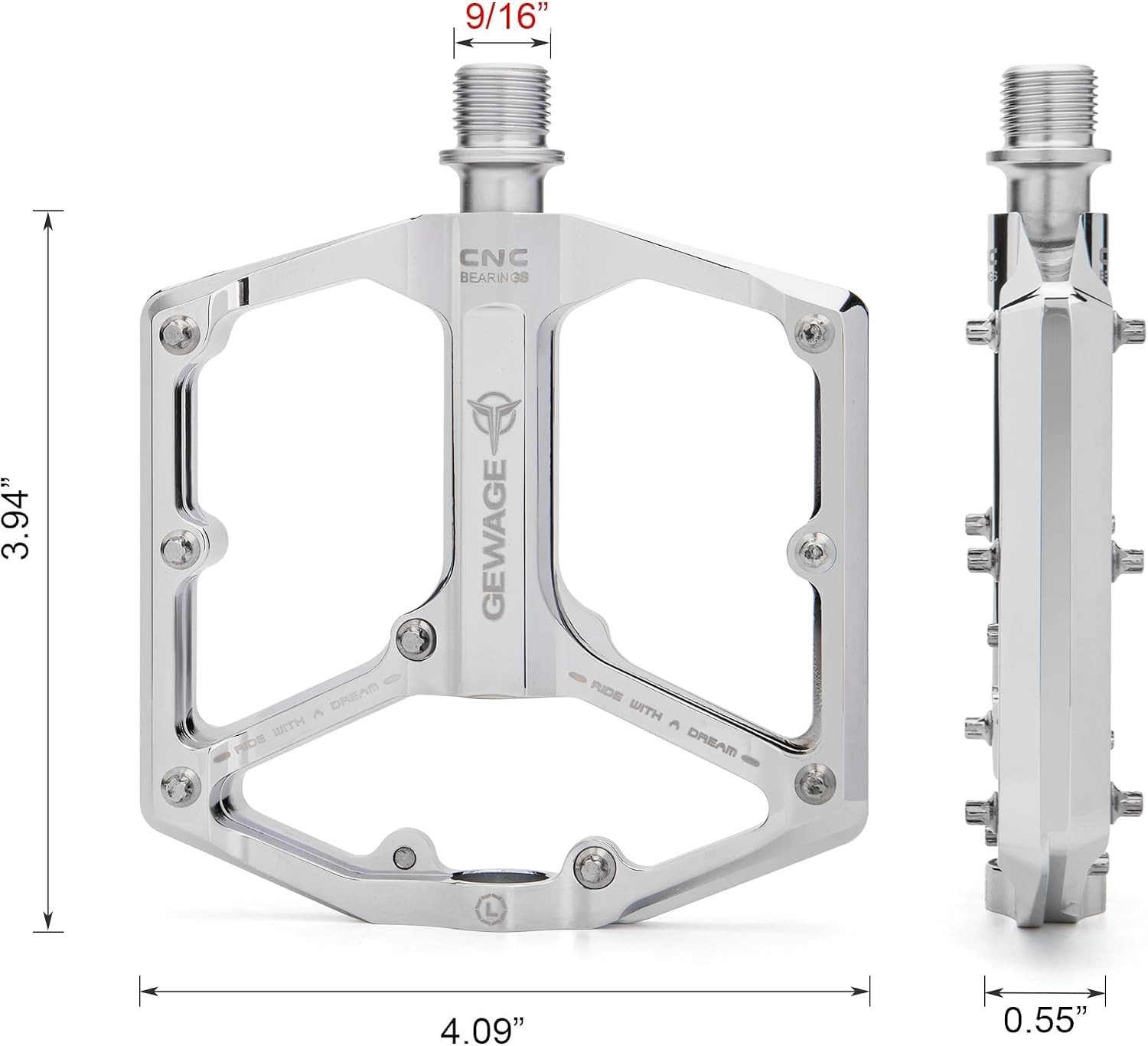 Road/Mountain Bike Pedals 3 Bearings Bicycle peda 9/16” CNC Machined Flat silver