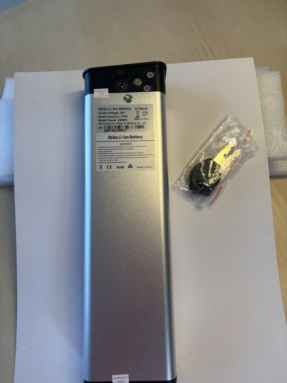 36V 10Ah 360Wh Li-Ion Ebike Battery Pack Silver/Black Aluminum w/ Keys
