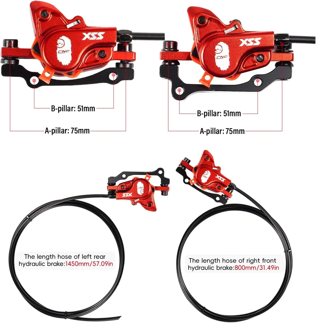 MTB Hydraulic Disc Brake Set Front 800mm Rear 1450mm Mountain Bike Red Parts New