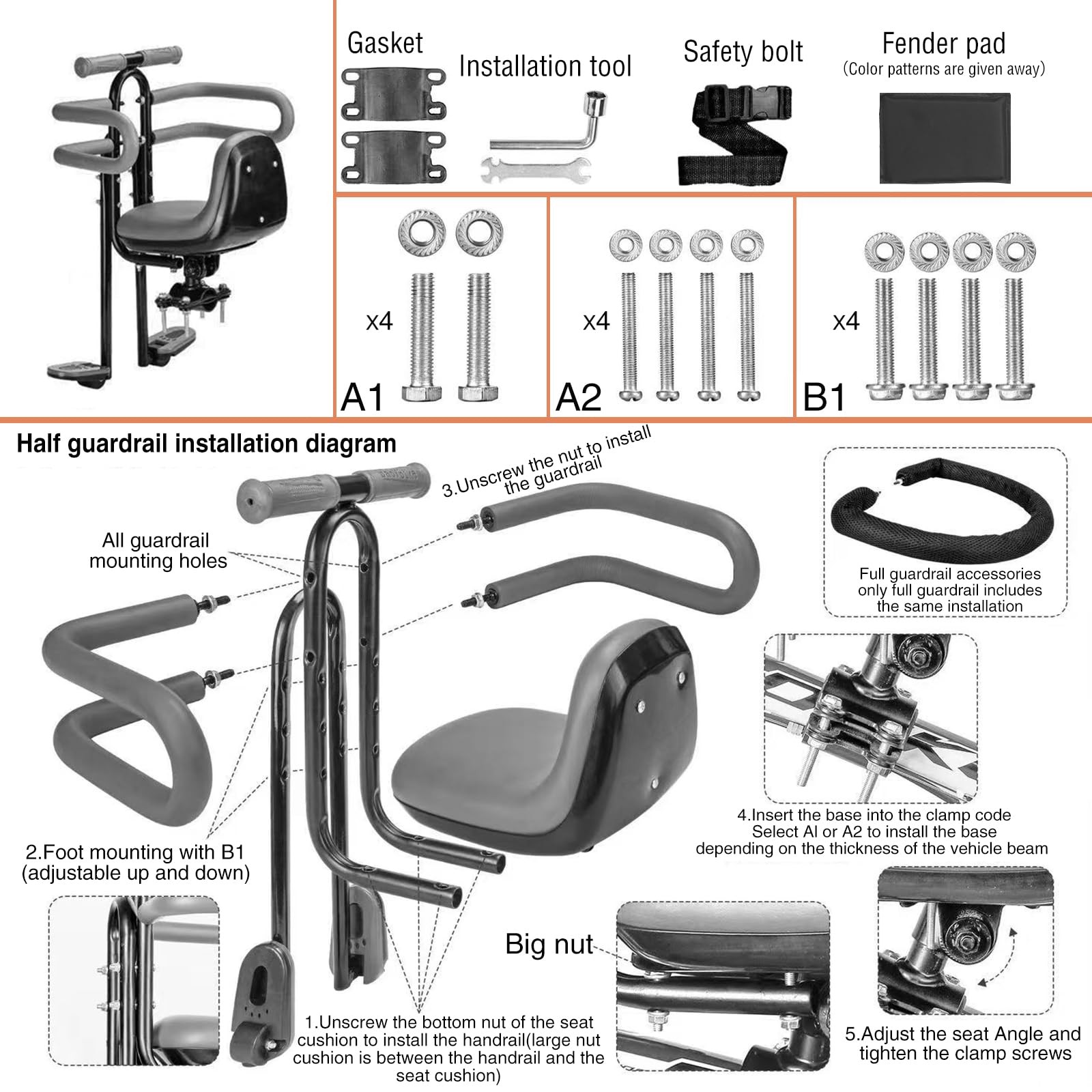 Child Bike Seat Front Mount with Guardrail Retractable Baby Bike Seat Toddler fo