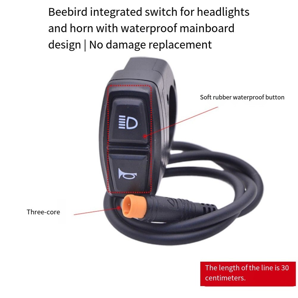 Electric Bike Switch Button 2in1 for Headlight and Speaker 3pin Black ABS
