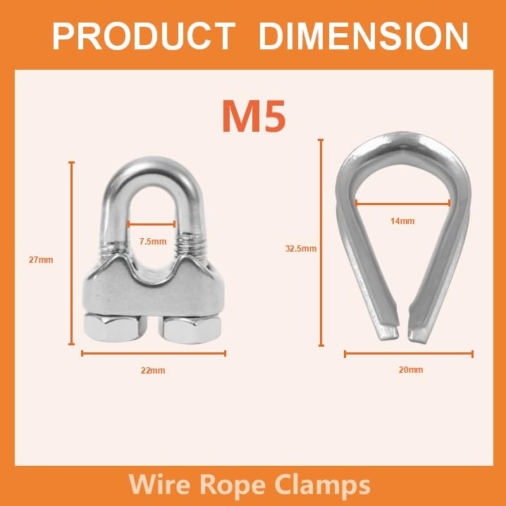 Pcs M5 Wire Rope Clamps Cable Clamps 4 Pcs 3/16″ Wire Rope Thimble 8 M5 – 3/16”