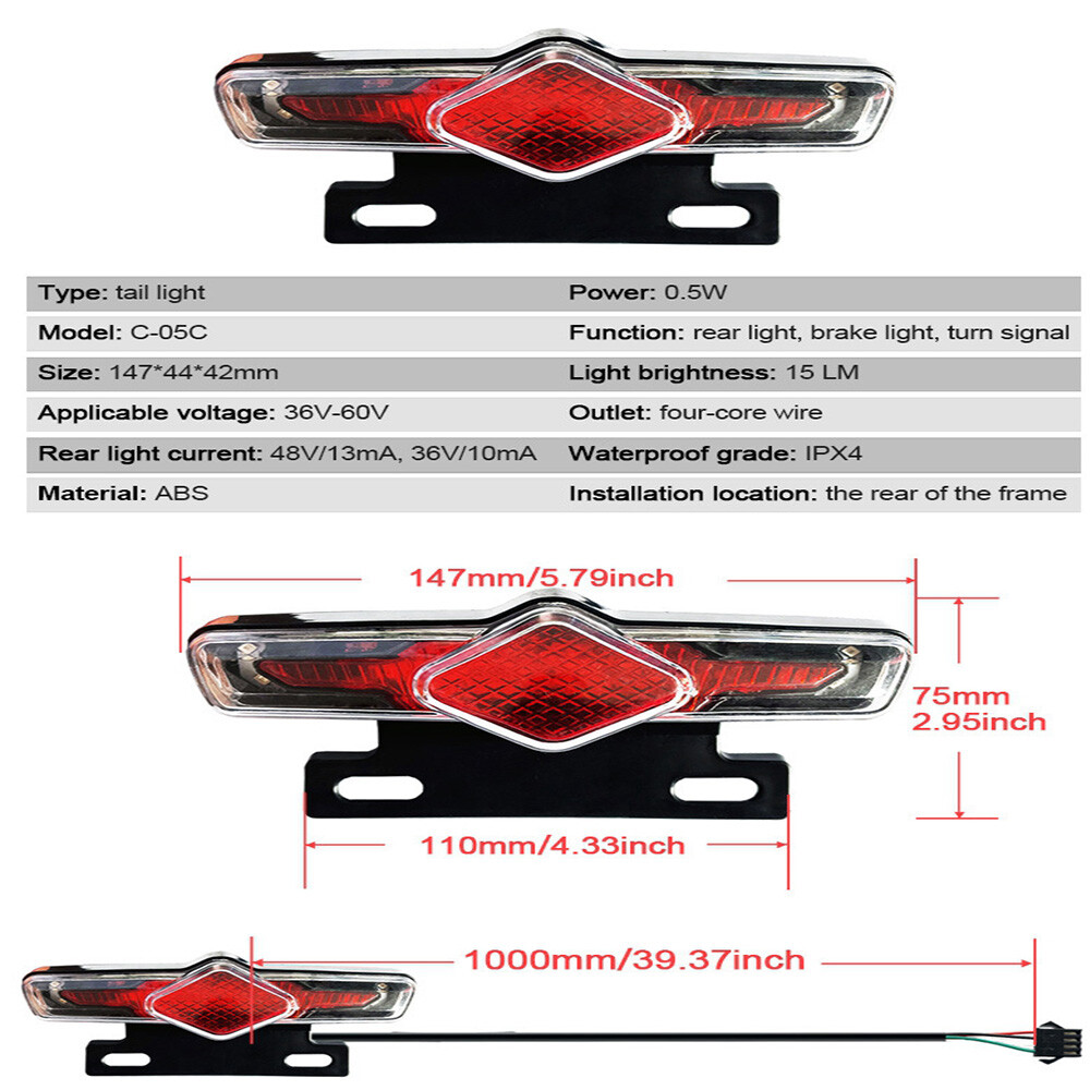 36V/48V/52V/60V 3 in 1 E-Bike Light set Headlight & Tail Light with Horn Switch