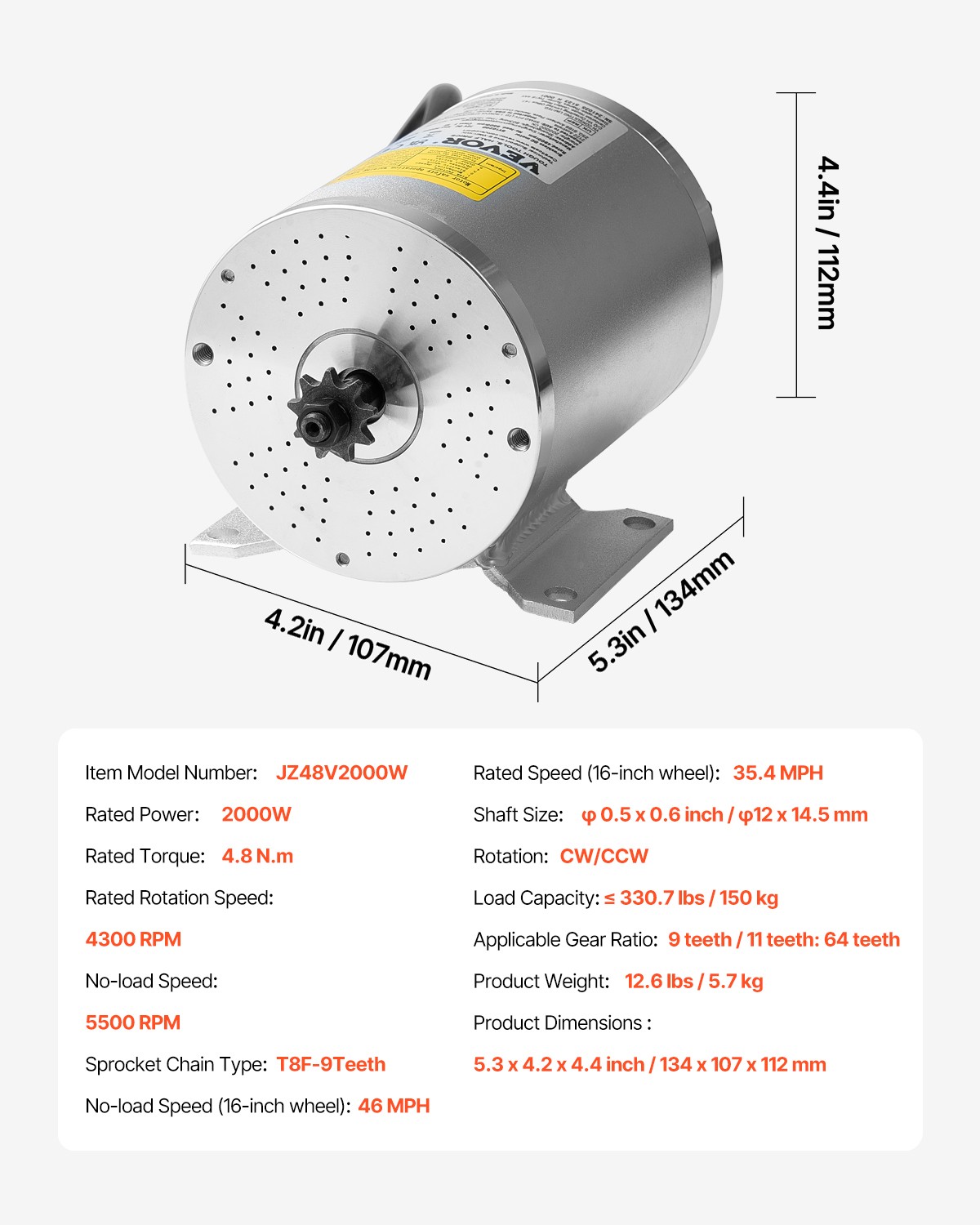 VEVOR 2000W Electric Brushless DC Motor Kit 48V 4300rpm Motor with Controller