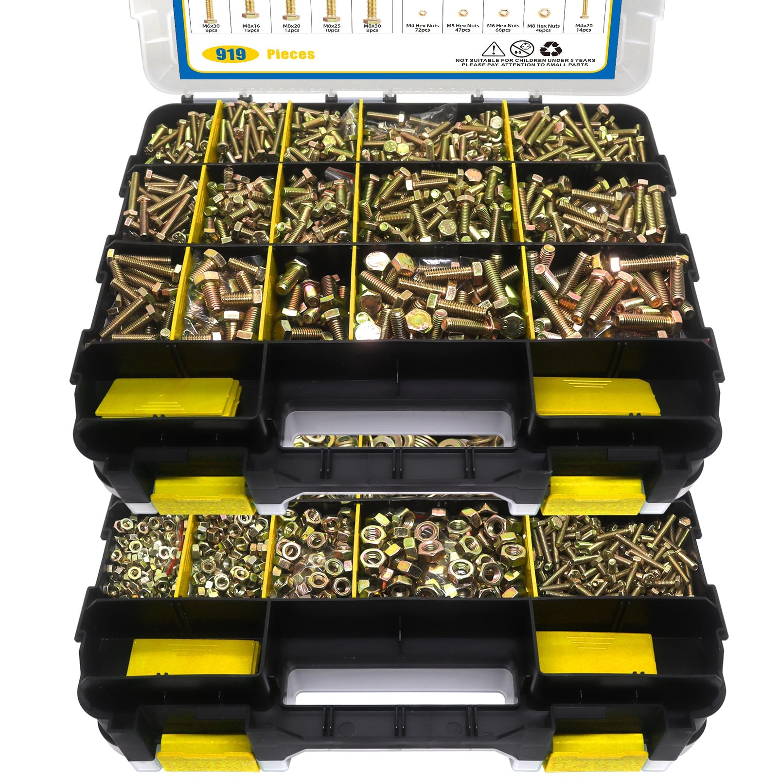 919 Pcs Grade 8.8 Metric Bolt Assortment, M4 M5 M6 M8 M4, M5, M6, M8, Yellow