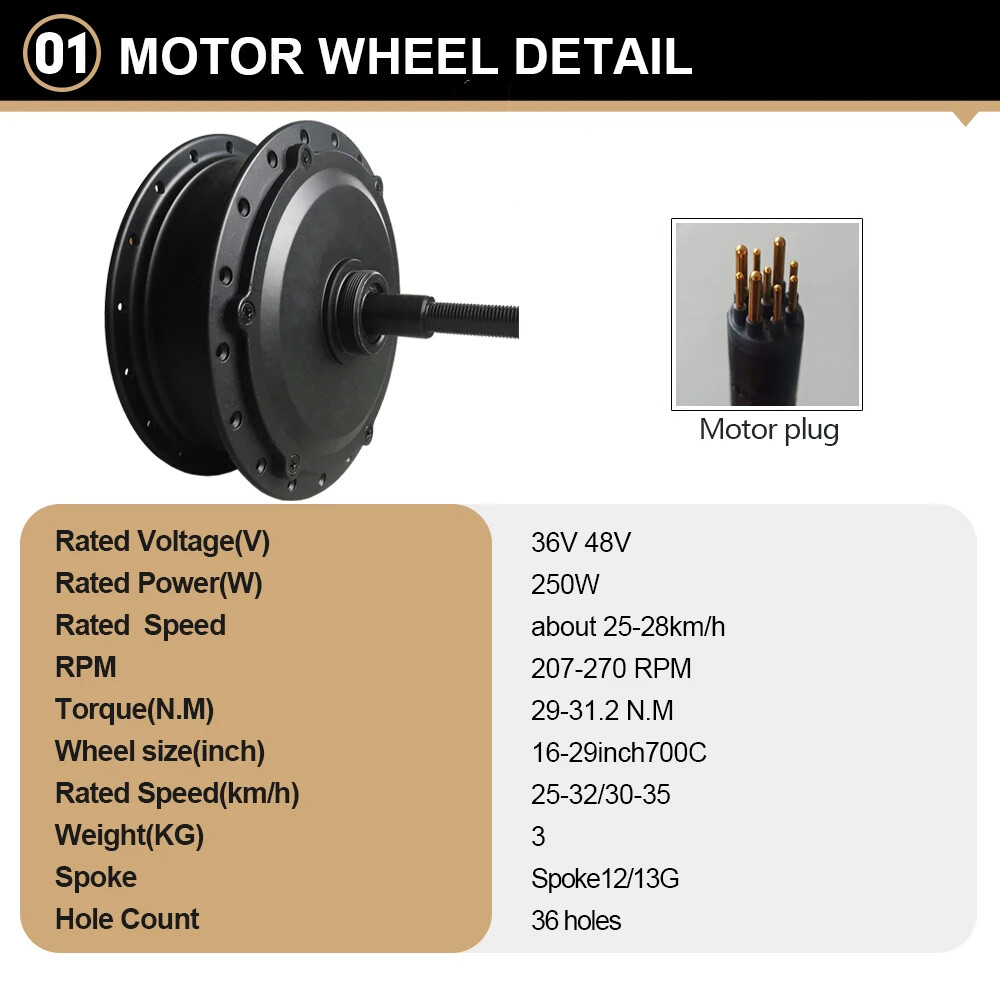 36V 48V 250W Electric Bicycle Brushless Gear Rear Wheel Hub Motor 16-29inch 700C