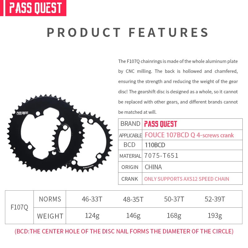 12 Speed Chainring for Sram 107 Bcd Crankset Double Chainwheels 50-37T 52-39T
