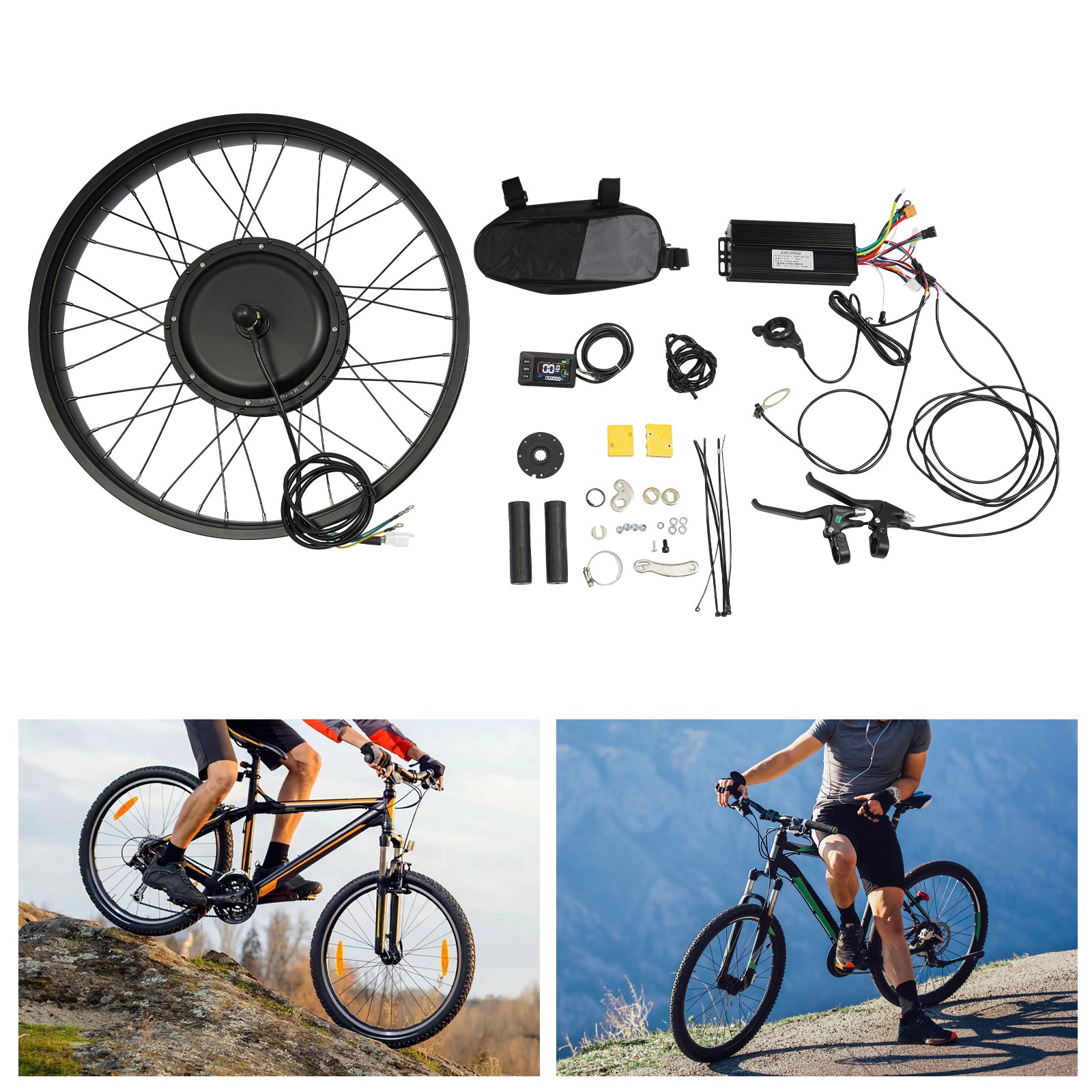 26″ 1500W 48V Front Wheel E-Bike Conversion Kit with LCD Display Thumb Throttle