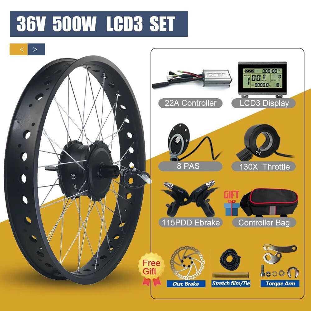 Snow E-bike Conversion Kit 20/26in 36V 48V 500W Rear Cassette Hub Motor Wheel